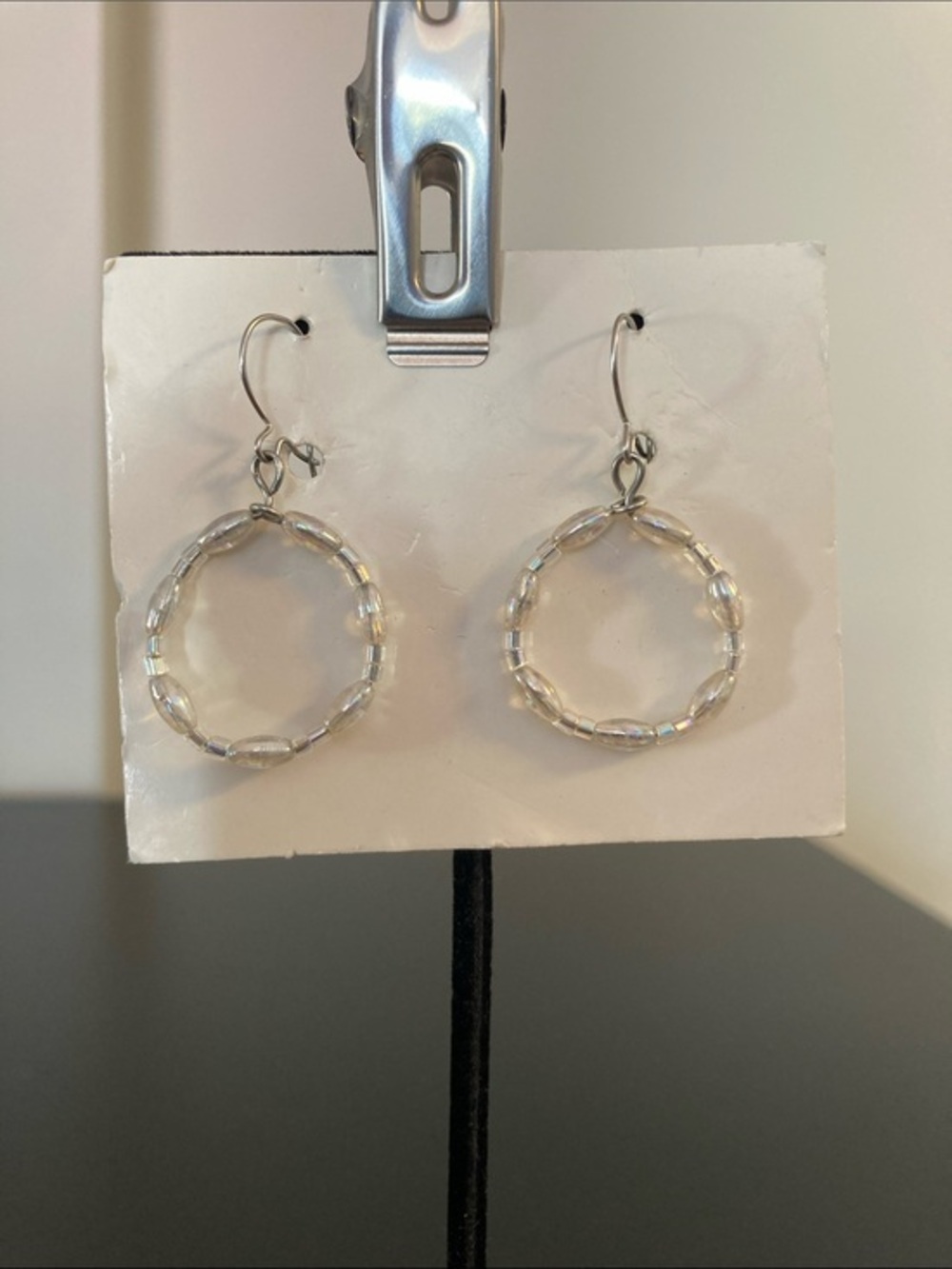 Beaded Hoop Drop Earrings - Clear/Silver